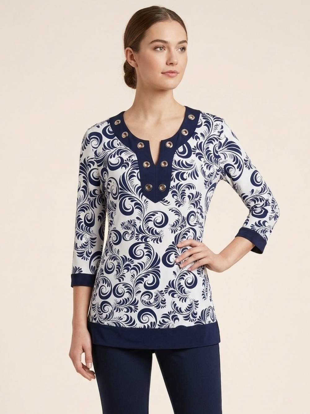 Jaipur Women's Navy & White Grommet-Accent Tunic Top